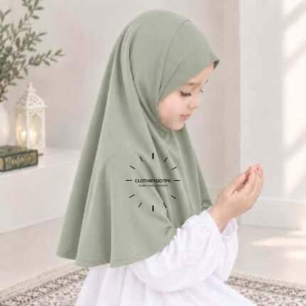 Kids wearing Lightweight, non-slip Jersey Namaz Makhna Hijab, available in multiple colors, perfect for everyday wear. BY CLOTHIFYDOTPK