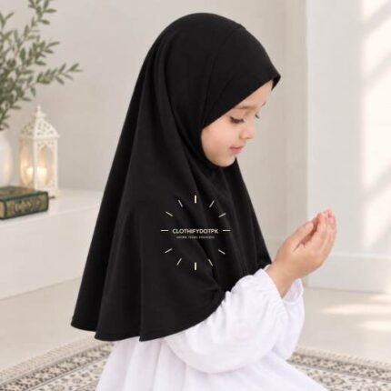 Kids wearing Lightweight, non-slip Jersey Namaz Makhna Hijab, available in multiple colors, perfect for everyday wear. BY CLOTHIFYDOTPK