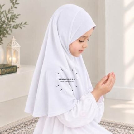 Kids wearing Lightweight, non-slip Jersey Namaz Scarf Makhna Hijab, available in multiple colors, perfect for everyday wear. BY CLOTHIFYDOTPK