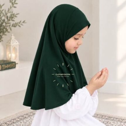 Kids wearing Lightweight, non-slip Jersey Namaz Makhna Hijab, available in multiple colors, perfect for everyday wear. BY CLOTHIFYDOTPK