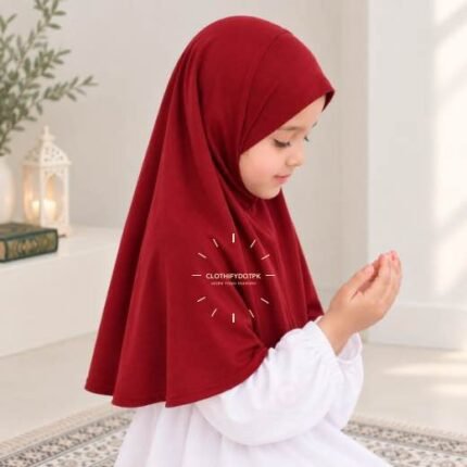 Kids wearing Lightweight, non-slip Jersey Namaz Makhna Hijab, available in multiple colors, perfect for everyday wear. BY CLOTHIFYDOTPK