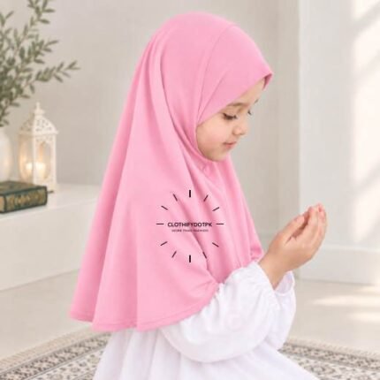 Kids wearing Lightweight, non-slip Jersey Namaz Makhna Hijab, available in multiple colors, perfect for everyday wear. BY CLOTHIFYDOTPK