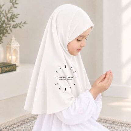 Kids wearing Lightweight, non-slip Jersey Namaz Makhna Hijab, available in multiple colors, perfect for everyday wear. BY CLOTHIFYDOTPK
