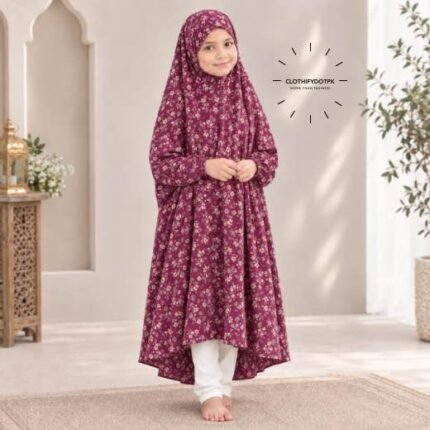 A young girl wearing a soft, lightweight kids namaz chadar with sleeves made of breathable fabric, sized perfectly for a child offering salah. BY CLOTHIFYDOTPK