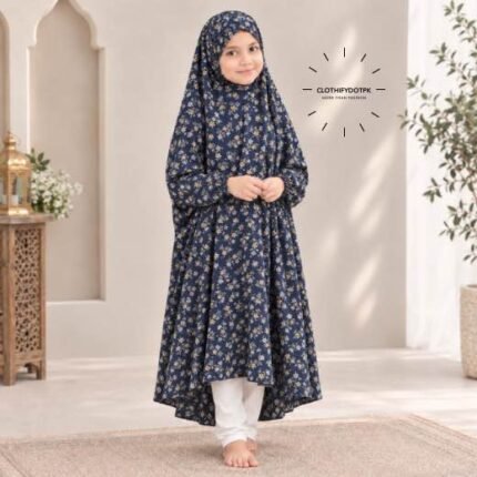 A young girl wearing a soft, lightweight kids namaz chadar with sleeves made of breathable fabric, sized perfectly for a child offering salah. BY CLOTHIFYDOTPK