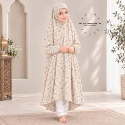 A young girl wearing a soft, lightweight kids namaz chadar with sleeves made of breathable fabric, sized perfectly for a child offering salah. BY CLOTHIFYDOTPK