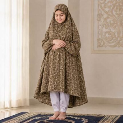 A kid wearing breathable soft swiss lawn modest coverage Namaz Chadar with sleeves, performing salah. By Clothifydotpk