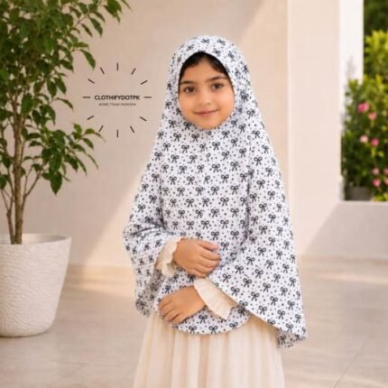 Young girl wearing soft Kids Namaz Makhna Hijab. BY CLOTHIFYDOTPK