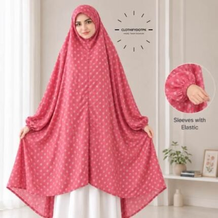 A woman standing for Salah comfortably in a breathable, soft Swiss lawn Namaz Chadar with sleeves- available at CLOTHIFYDOTPK