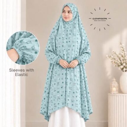 A woman standing for Salah comfortably in a breathable, soft Swiss lawn Namaz Chadar with sleeves- available at CLOTHIFYDOTPK