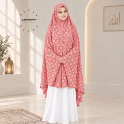 A woman draped in a soft Swiss lawn namaz chadar without sleeves also known as Makhna Hijab or Namaz Scarf with front coverage that falls above the knees, while the back extends down till knees. BY CLOTHIFYDOTPK