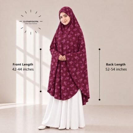 A woman draped in a soft Swiss lawn namaz chadar without sleeves also known as Makhna Hijab or Namaz Scarf with front coverage that falls above the knees, while the back extends down till knees. BY CLOTHIFYDOTPK