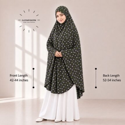 A woman draped in a soft Swiss lawn namaz chadar without sleeves also known as Makhna Hijab or Namaz Scarf with front coverage that falls above the knees, while the back extends down till knees. BY CLOTHIFYDOTPK