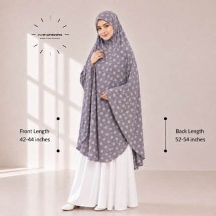 A woman draped in a soft Swiss lawn namaz chadar without sleeves with front coverage that falls above the knees, while the back extends down till knees. BY CLOTHIFYDOTPK