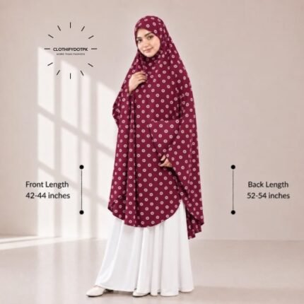 A woman draped in a soft Swiss lawn namaz chadar without sleeves also known as Makhna Hijab, Namaz Makhna or Namaz Scarf with front coverage that falls above the knees, while the back extends down till knees. BY CLOTHIFYDOTPK
