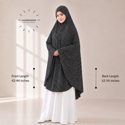 A woman draped in a soft Swiss lawn namaz chadar without sleeves with front coverage that falls above the knees, while the back extends down till knees. BY CLOTHIFYDOTPK