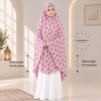A woman draped in a soft Swiss lawn namaz chadar without sleeves also known as Makhna Hijab or Namaz Scarf with front coverage that falls above the knees, while the back extends down till knees. BY CLOTHIFYDOTPK