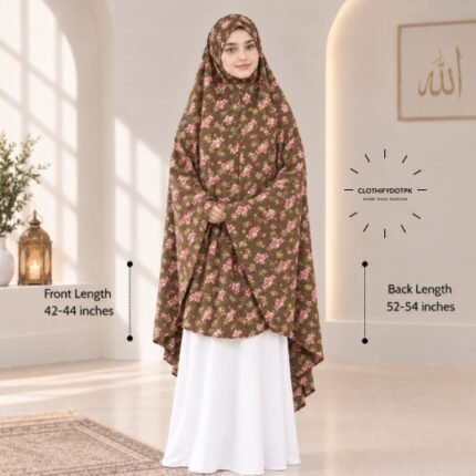 A woman draped in a soft Swiss lawn namaz chadar without sleeves also known as Makhna Hijab or Namaz Scarf with front coverage that falls above the knees, while the back extends down till knees. BY CLOTHIFYDOTPK