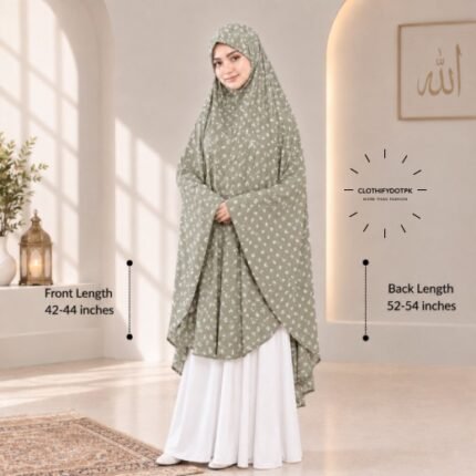 A woman draped in a soft Swiss lawn namaz chadar without sleeves with front coverage that falls above the knees, while the back extends down till knees. BY CLOTHIFYDOTPK