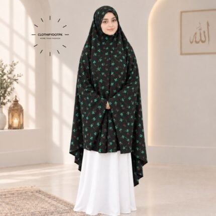 A woman draped in a soft Swiss lawn namaz chadar without sleeves with front coverage that falls above the knees, while the back extends down till knees. BY CLOTHIFYDOTPK