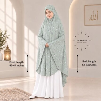 A woman draped in a soft Swiss lawn namaz chadar without sleeves with front coverage that falls above the knees, while the back extends down till knees. BY CLOTHIFYDOTPK
