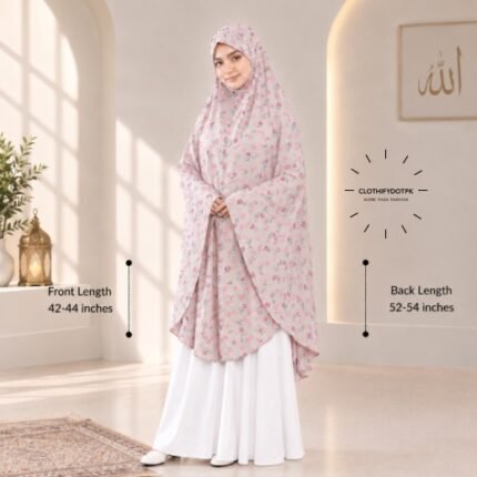 A woman draped in a soft Swiss lawn namaz chadar without sleeves with front coverage that falls above the knees, while the back extends down till knees. BY CLOTHIFYDOTPK