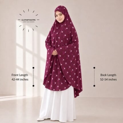 A woman draped in a soft Swiss lawn namaz chadar without sleeves with front coverage that falls above the knees, while the back extends down till knees. BY CLOTHIFYDOTPK