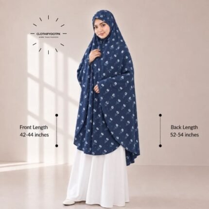 A woman draped in a soft Swiss lawn namaz chadar without sleeves with front coverage that falls above the knees, while the back extends down till knees. BY CLOTHIFYDOTPK
