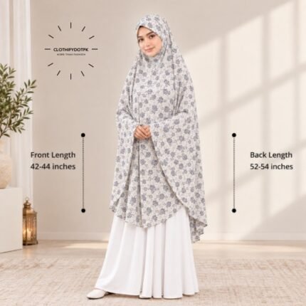 A woman draped in a soft Swiss lawn namaz chadar without sleeves with front coverage that falls above the knees, while the back extends down till knees. BY CLOTHIFYDOTPK