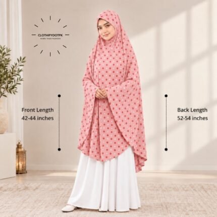 A woman draped in a soft Swiss lawn namaz chadar without sleeves with front coverage that falls above the knees, while the back extends down till knees. BY CLOTHIFYDOTPK