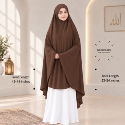 A woman draped in a soft Swiss lawn namaz chadar without sleeves also known as Makhna Hijab, Namaz Makhna or Namaz Scarf with front coverage that falls above the knees, while the back extends down till knees. BY CLOTHIFYDOTPK