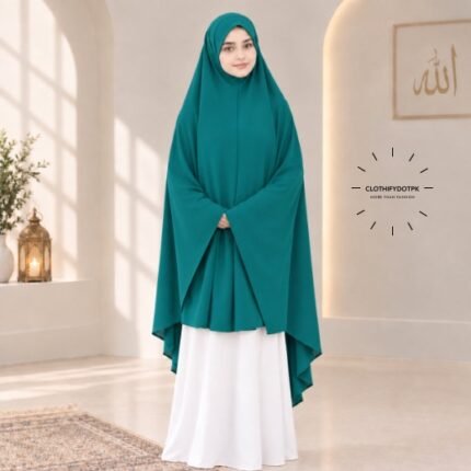 A woman draped in a soft Swiss lawn namaz chadar without sleeves also known as Makhna Hijab, Namaz Makhna or Namaz Scarf with front coverage that falls above the knees, while the back extends down till knees. BY CLOTHIFYDOTPK