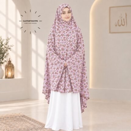 A woman draped in a soft Swiss lawn Makhna Hijab without sleeves with front coverage that falls above the knees, while the back extends down till knees. BY CLOTHIFYDOTPK
