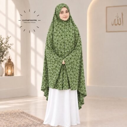 A woman draped in a soft Swiss lawn namaz chadar without sleeves with front coverage that falls above the knees, while the back extends down till knees. BY CLOTHIFYDOTPK