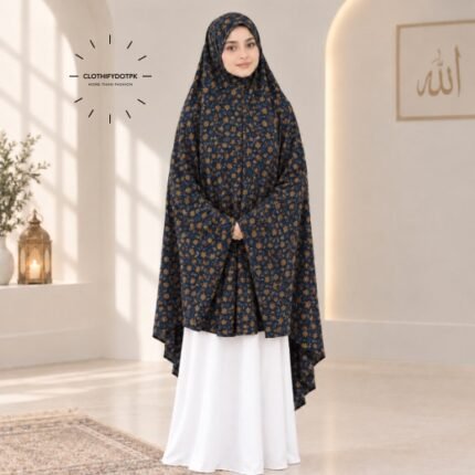 A woman draped in a soft Swiss lawn namaz chadar without sleeves with front coverage that falls above the knees, while the back extends down till knees. BY CLOTHIFYDOTPK