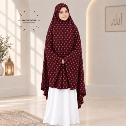 A woman draped in a soft Swiss lawn namaz chadar without sleeves also known as Makhna Hijab, Namaz Makhna or Namaz Scarf with front coverage that falls above the knees, while the back extends down till knees. BY CLOTHIFYDOTPK