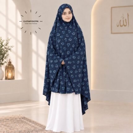 A woman draped in a soft Swiss lawn namaz chadar without sleeves also known as Makhna Hijab or Namaz Scarf with front coverage that falls above the knees, while the back extends down till knees. BY CLOTHIFYDOTPK