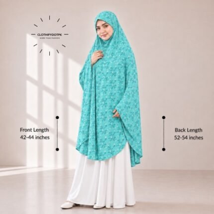 A woman draped in a soft Swiss lawn namaz chadar without sleeves also known as Makhna Hijab or Namaz Scarf with front coverage that falls above the knees, while the back extends down till knees. BY CLOTHIFYDOTPK