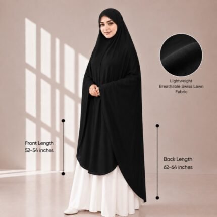 Woman wearing a soft swiss lawn Namaz chadar without sleeves also known as Makhna Hijab or Namaz Scarf with front coverage reaching the knees and back extending below the knees. BY CLOTHIFYDOTPK