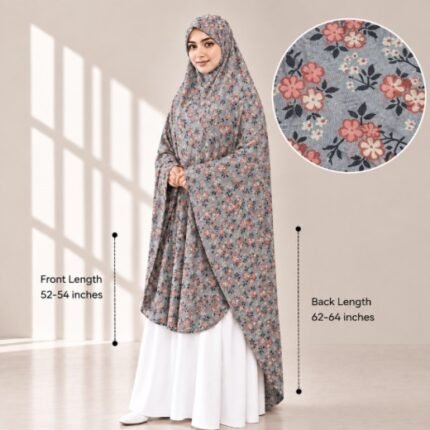 Woman wearing a soft swiss lawn Namaz Makhna without sleeves also known as Makhna Hijab or Namaz Scarf with front coverage reaching the knees and back extending below the knees. BY CLOTHIFYDOTPK