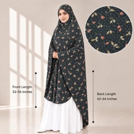 Woman wearing a soft swiss lawn Namaz chadar without sleeves also known as Makhna Hijab, Namaz Makhna or Namaz Scarf with front coverage reaching the knees and back extending below the knees. BY CLOTHIFYDOTPK