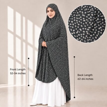 Woman wearing a soft swiss lawn Namaz Scarf without sleeves with front coverage reaching the knees and back extending below the knees. BY CLOTHIFYDOTPK