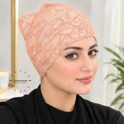 Model wearing Net Tube Cap seamless plain hijab underscarf in soft stretchable fabric providing hair coverage and secure no-slip hold. BY CLOTHIFYDOTPK