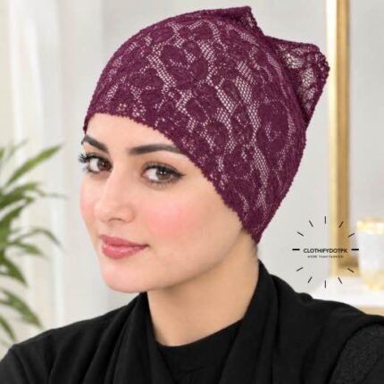Model wearing Net Tube Cap seamless plain hijab underscarf in soft stretchable fabric providing hair coverage and secure no-slip hold. BY CLOTHIFYDOTPK