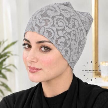 Model wearing Net Tube Cap seamless plain hijab underscarf in soft stretchable fabric providing hair coverage and secure no-slip hold. BY CLOTHIFYDOTPK