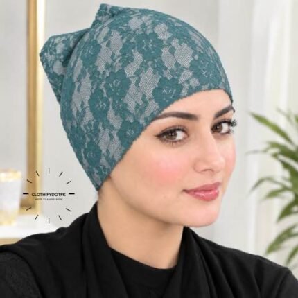 Model wearing Net Tube Cap seamless plain hijab underscarf in soft stretchable fabric providing hair coverage and secure no-slip hold. BY CLOTHIFYDOTPK