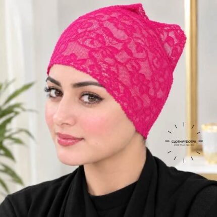 Model wearing Net Tube Cap seamless plain hijab underscarf in soft stretchable fabric providing hair coverage and secure no-slip hold. BY CLOTHIFYDOTPK