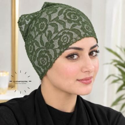 Model wearing Net Tube Cap seamless plain hijab underscarf in soft stretchable fabric providing hair coverage and secure no-slip hold. BY CLOTHIFYDOTPK