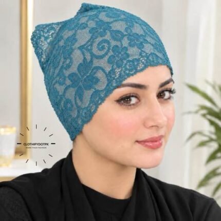 Model wearing Net Tube Cap seamless plain hijab underscarf in soft stretchable fabric providing hair coverage and secure no-slip hold. BY CLOTHIFYDOTPK
