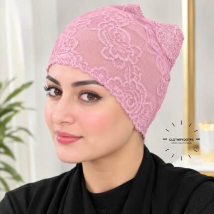 Model wearing Net Tube Cap seamless plain hijab underscarf in soft stretchable fabric providing hair coverage and secure no-slip hold. BY CLOTHIFYDOTPK